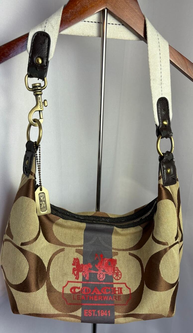 Coach Signature C Jacquard Hobo Shoulder Bag Khaki Brown Leather Vintage